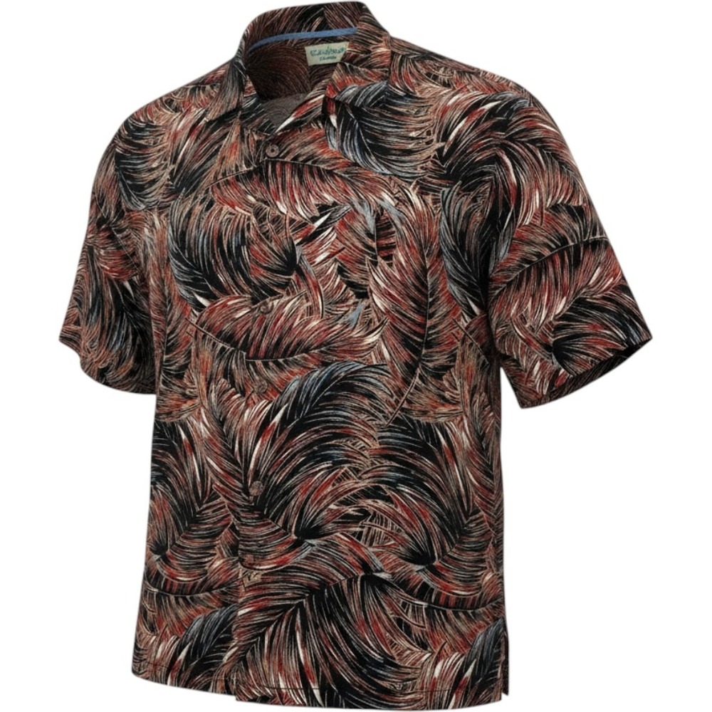 Caribbean Mens XL Silk Blend Tropical Palm Leaf Button Down Camp Shirt Red Black